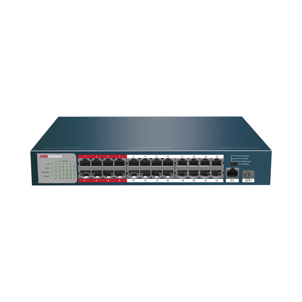 SWITCH 24 PUERTOS 10/100 MBPS POE+ Y 2 PUERTOS 10/100/1000 MBPS UPLINK / POE+ / MÁX POTENCIA POE 370 W / TRANSMISION DE LARGA DISTANCIA HASTA 250 MTS